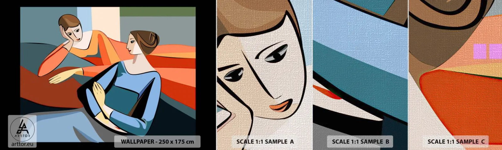 Muestra de fotomural Premium Canvas - Un momento de confidencias - Cubismo, Retrato, Mujer - 100x30 cm