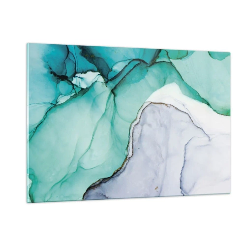 Cuadro sobre vidrio - Impresiones sobre Vidrio - Un cuadro abstracto en tonos turquesa y blanco, con delicadas grietas. - 120x80cm - Estudio en turquesa - Decoración de pared moderna para salón y dormitorio ARTTOR
