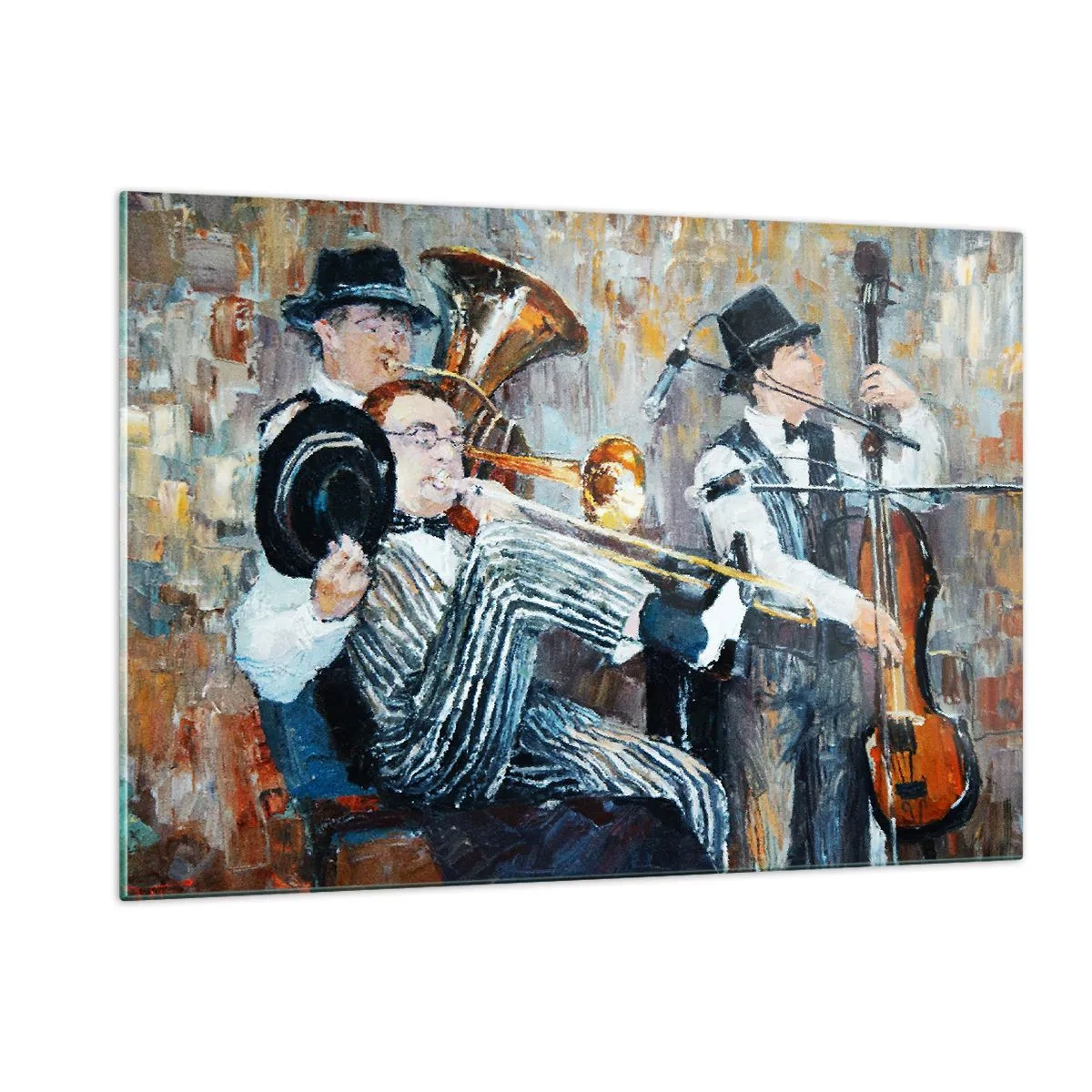 Cuadro sobre vidrio - Impresiones sobre Vidrio - Una banda de jazz en una escena impresionista atmosférica. - 120x80cm - Todo ese jazz - Decoración de pared moderna para salón y dormitorio ARTTOR