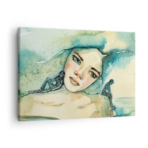Cuadro sobre lienzo - Impresión de Imagen - Acuarela de rostro de mujer con motivo reflectante. - 70x50cm - ¿Soy azul? - Decoración de pared moderna para salón y dormitorio ARTTOR