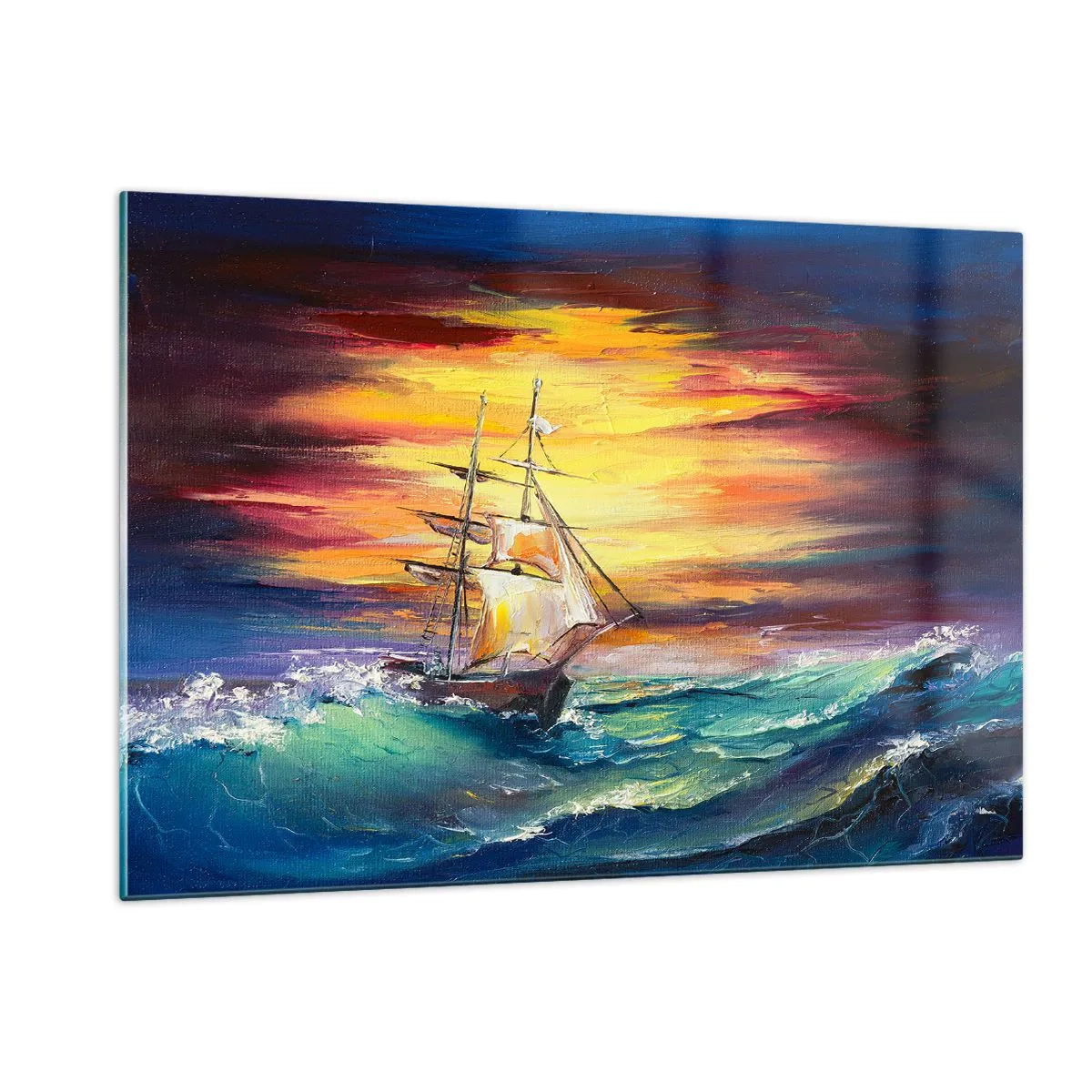 Cuadro sobre vidrio - Impresiones sobre Vidrio - Un barco en un mar tempestuoso al atardecer - 120x80cm - Valientemente surcando las olas - Decoración de pared moderna para salón y dormitorio ARTTOR
