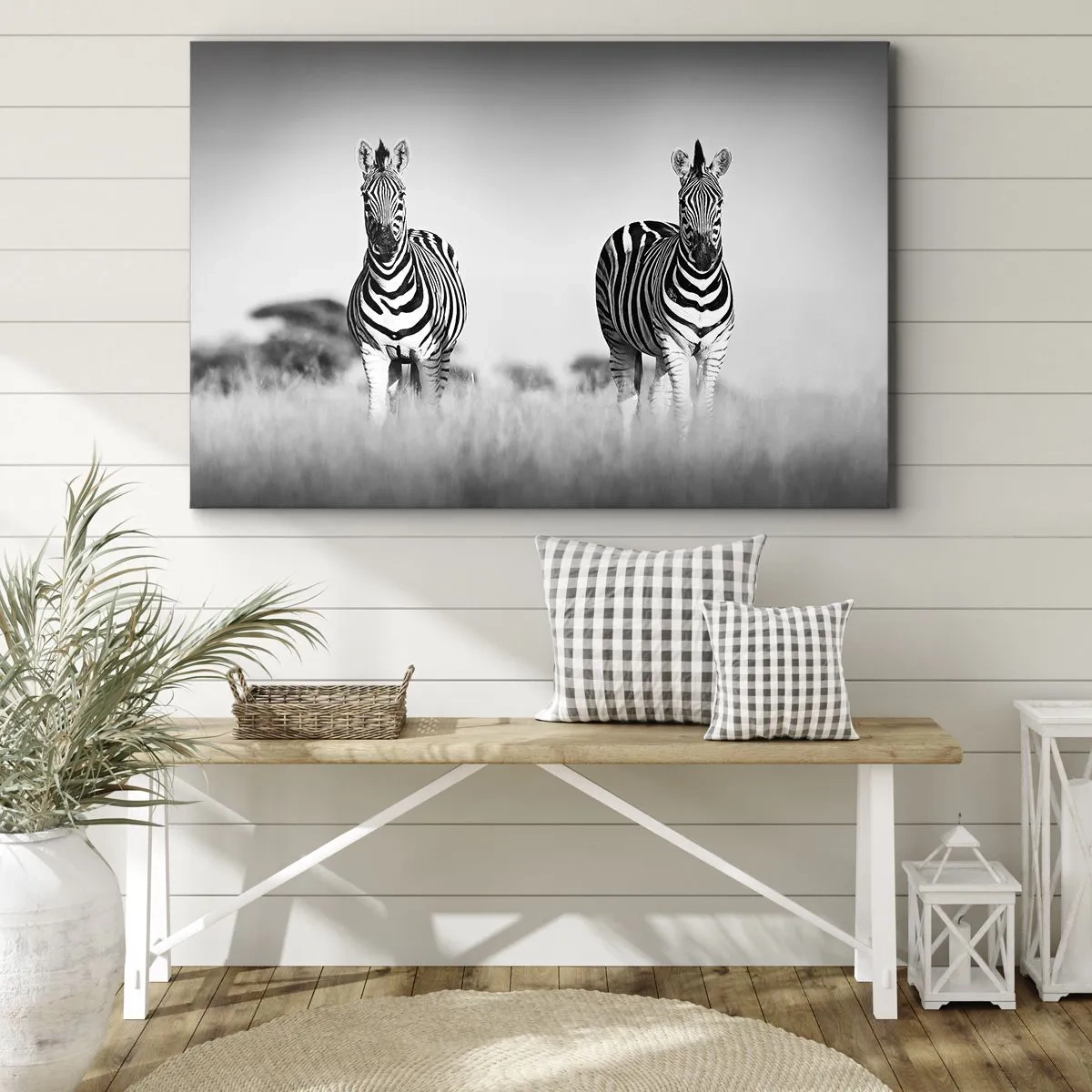 Cuadro sobre lienzo - Impresión de Imagen - Dos cebras en la sabana en estilo monocromático. - 70x50cm - Resulta que el mundo es blanco y negro - Decoración de pared moderna para salón y dormitorio ARTTOR