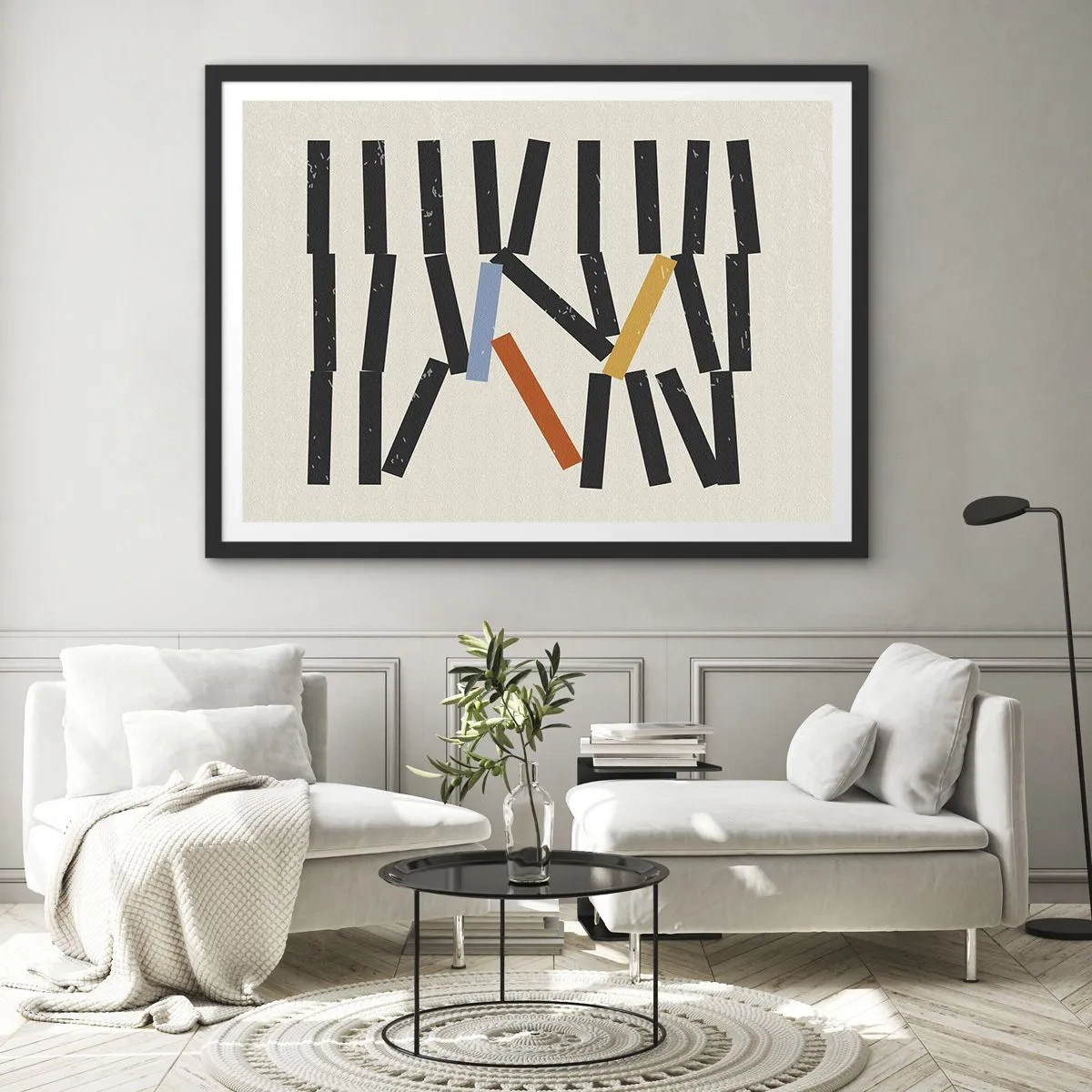 Póster en marco negro - Composición abstracta con rectángulos de colores y negros. - 100x70cm - Dominó - composición - Decoración de pared moderna para salón y dormitorio ARTTOR