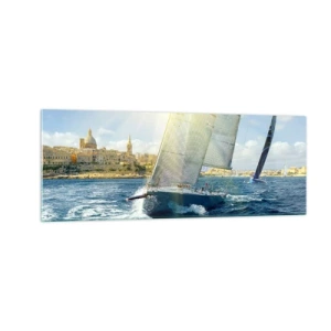 Cuadro sobre vidrio - Impresiones sobre Vidrio - Regata con el telón de fondo de una costa soleada - 140x50cm - Hora de abandonar la ciudad - Decoración de pared moderna para salón y dormitorio ARTTOR