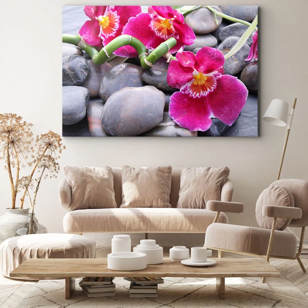 Cuadro sobre lienzo - Impresión de Imagen - Orquídeas rosas sobre un fondo de piedras lisas. - 70x50cm - Frío y calor - Decoración de pared moderna para salón y dormitorio ARTTOR
