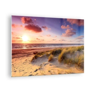 Cuadro sobre vidrio - Impresiones sobre Vidrio - Playa con dunas al atardecer - 70x50cm - Se siente la brisa veraniega - Decoración de pared moderna para salón y dormitorio ARTTOR