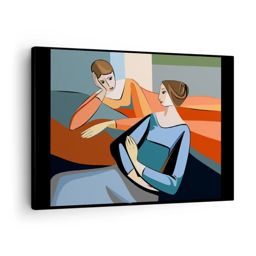 Cuadro sobre lienzo - Impresión de Imagen - Ilustración abstracta de dos mujeres en estilo cubista. - 70x50cm - Un momento de confidencias - Decoración de pared moderna para salón y dormitorio ARTTOR