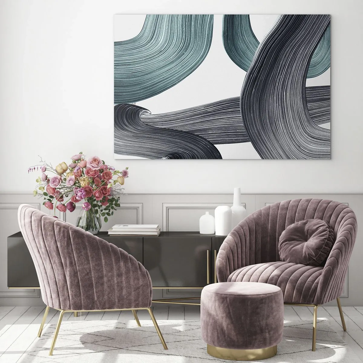 Cuadro sobre vidrio - Impresiones sobre Vidrio - Rayas dinámicas en tonos esmeralda y negro sobre un fondo blanco. - 70x50cm - Senderos esmeralda y negro - Decoración de pared moderna para salón y dormitorio ARTTOR