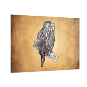 Cuadro sobre vidrio - Impresiones sobre Vidrio - Búho de estilo ornamental sobre fondo sepia - 70x50cm - Intrincados ornamentos de sabiduría - Decoración de pared moderna para salón y dormitorio ARTTOR