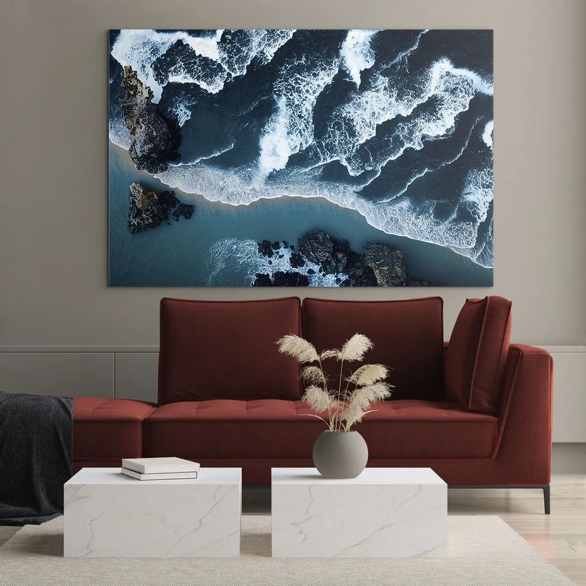 Cuadro sobre vidrio - Impresiones sobre Vidrio - Olas del mar rompiendo contra la costa rocosa - 100x70cm - Rodeadas por las olas - Decoración de pared moderna para salón y dormitorio ARTTOR
