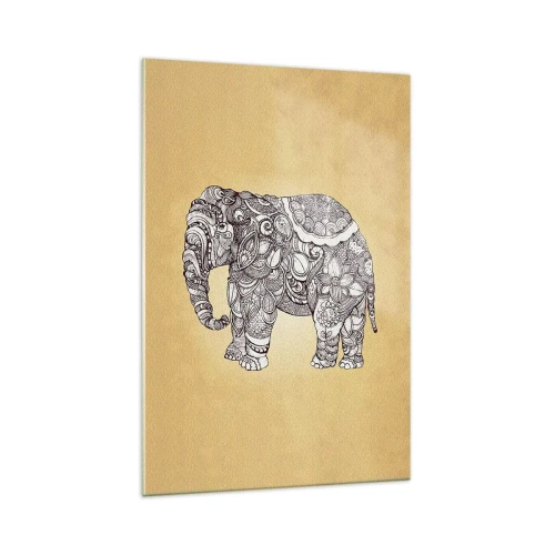Cuadro sobre vidrio - Impresiones sobre Vidrio - Elefante dibujado a mano con un patrón ornamentado sobre un fondo beige. - 70x100cm - El elefante decorado - Decoración de pared moderna para salón y dormitorio ARTTOR