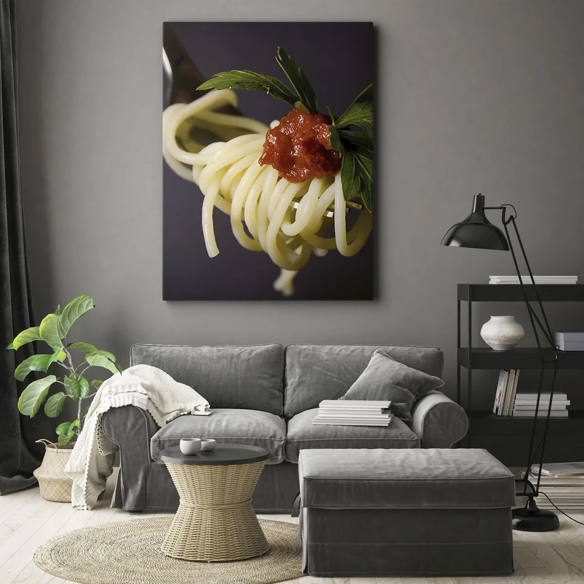 Cuadro sobre lienzo - Impresión de Imagen - Pasta espaguetis al tenedor con salsa de tomate y perejil - 50x70cm - Un sabroso bocado - Decoración de pared moderna para salón y dormitorio ARTTOR