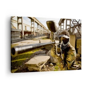 Cuadro sobre lienzo - Impresión de Imagen - Un jugador de paintball con equipo de camuflaje apuntando con un marcador. - 70x50cm - Y puedes ser un héroe - Decoración de pared moderna para salón y dormitorio ARTTOR