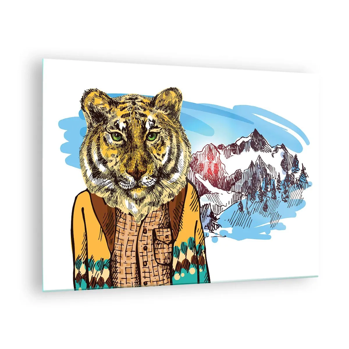 Cuadro sobre vidrio - Impresiones sobre Vidrio - Un tigre con chaleco frente a un paisaje montañoso. - 70x50cm - No es tan salvaje como dicen - Decoración de pared moderna para salón y dormitorio ARTTOR