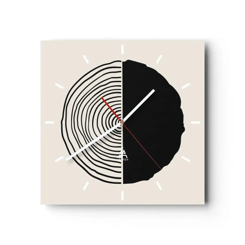 Reloj de pared - Reloj de vidrio - Un motivo abstracto en blanco y negro inspirado en una sección transversal de madera con una división geométrica. - 30x30cm - Mitad y mitad - Decoración de pared moderna para salón y dormitorio ARTTOR