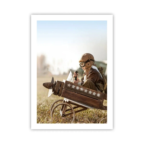 Póster - Un niño en un avión de madera con estrellas en el fondo. - 50x70cm - Despegue hacia un sueño - Decoración de pared moderna para salón y dormitorio ARTTOR