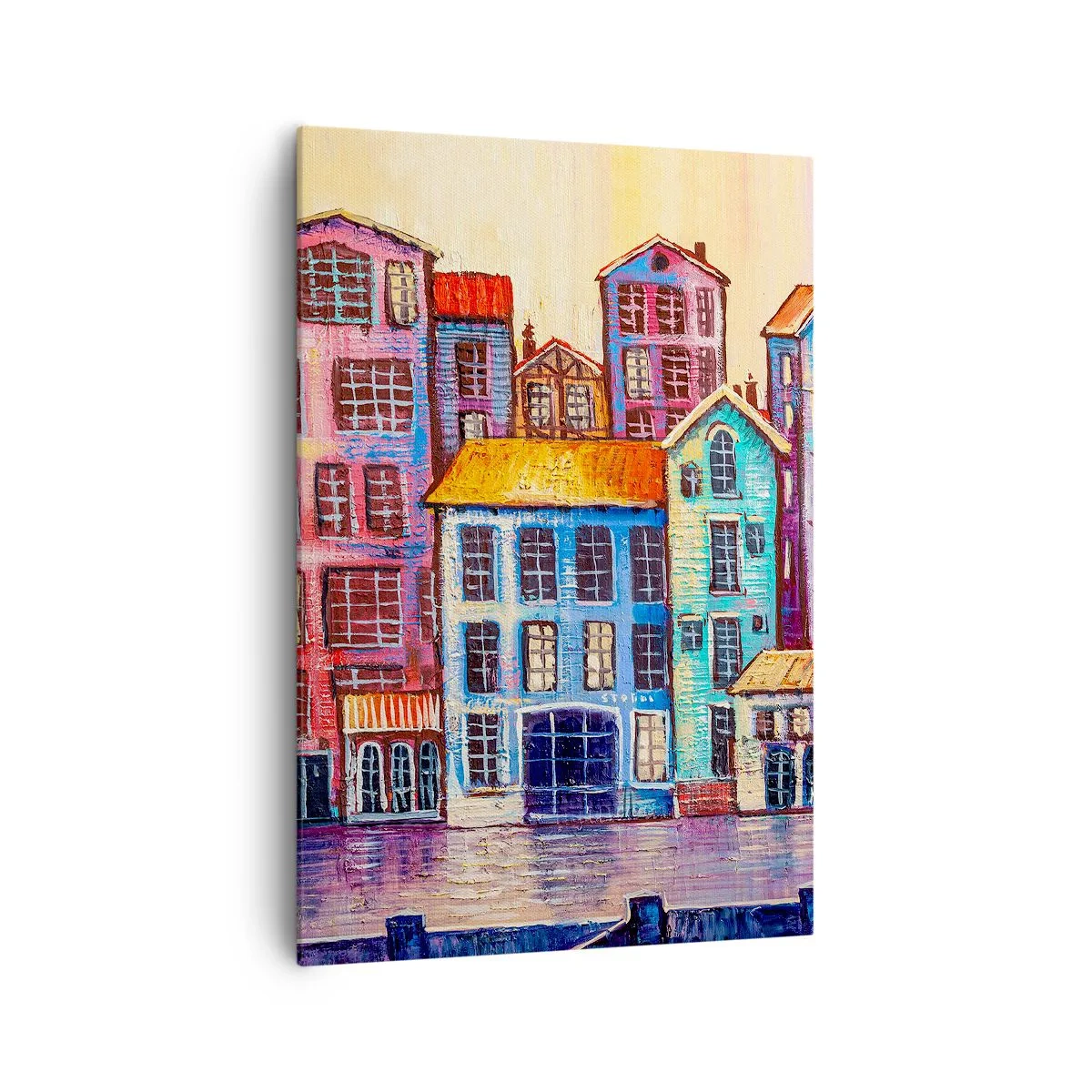 Cuadro sobre lienzo - Impresión de Imagen - Casas de vecindad coloridas junto al agua en un estilo artístico - 70x100cm - Una ciudad como un cuento de hadas - Decoración de pared moderna para salón y dormitorio ARTTOR