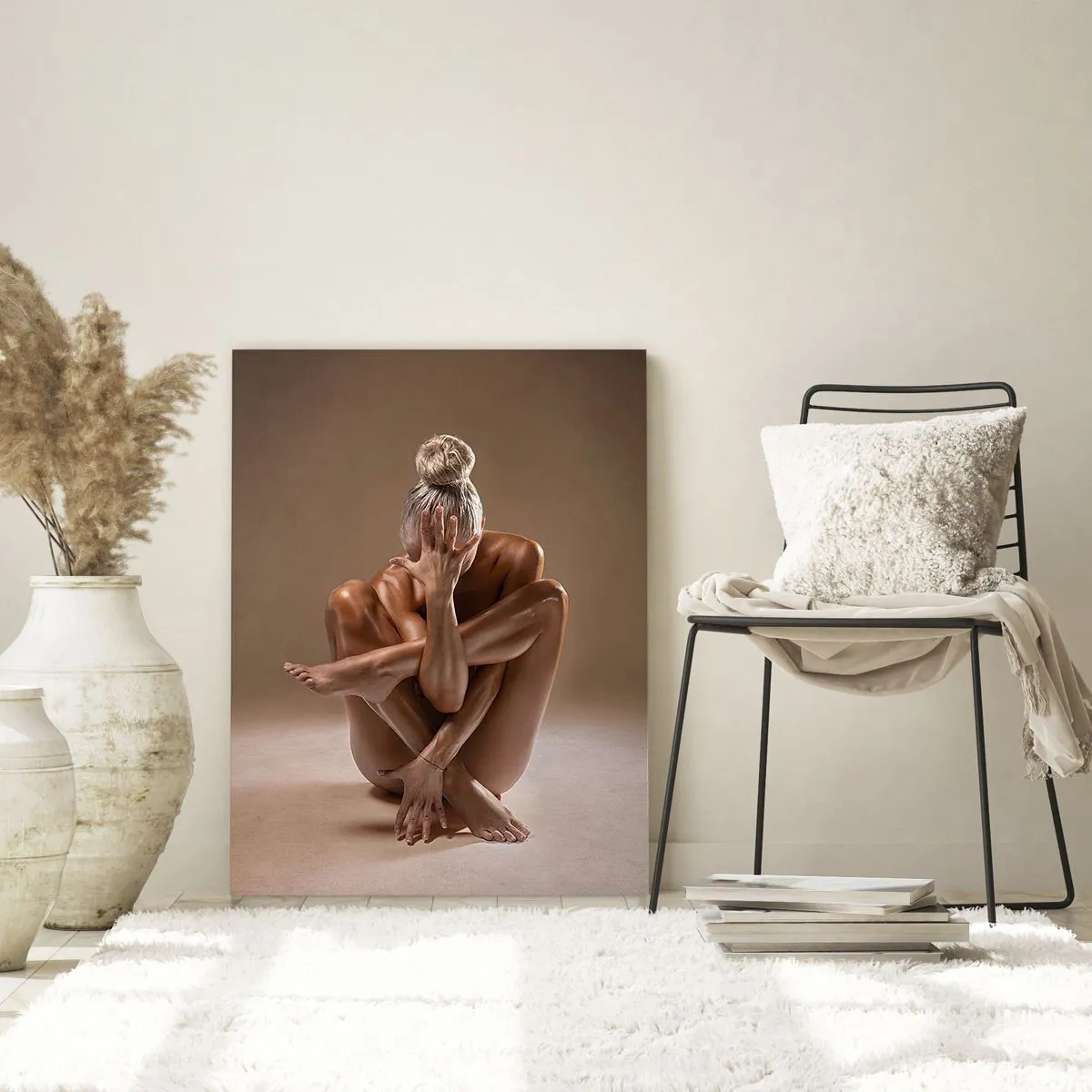 Cuadro sobre vidrio - Impresiones sobre Vidrio - Silueta artística de una mujer sobre un fondo beige. - 70x100cm - Unidad de cuerpo y espíritu - Decoración de pared moderna para salón y dormitorio ARTTOR