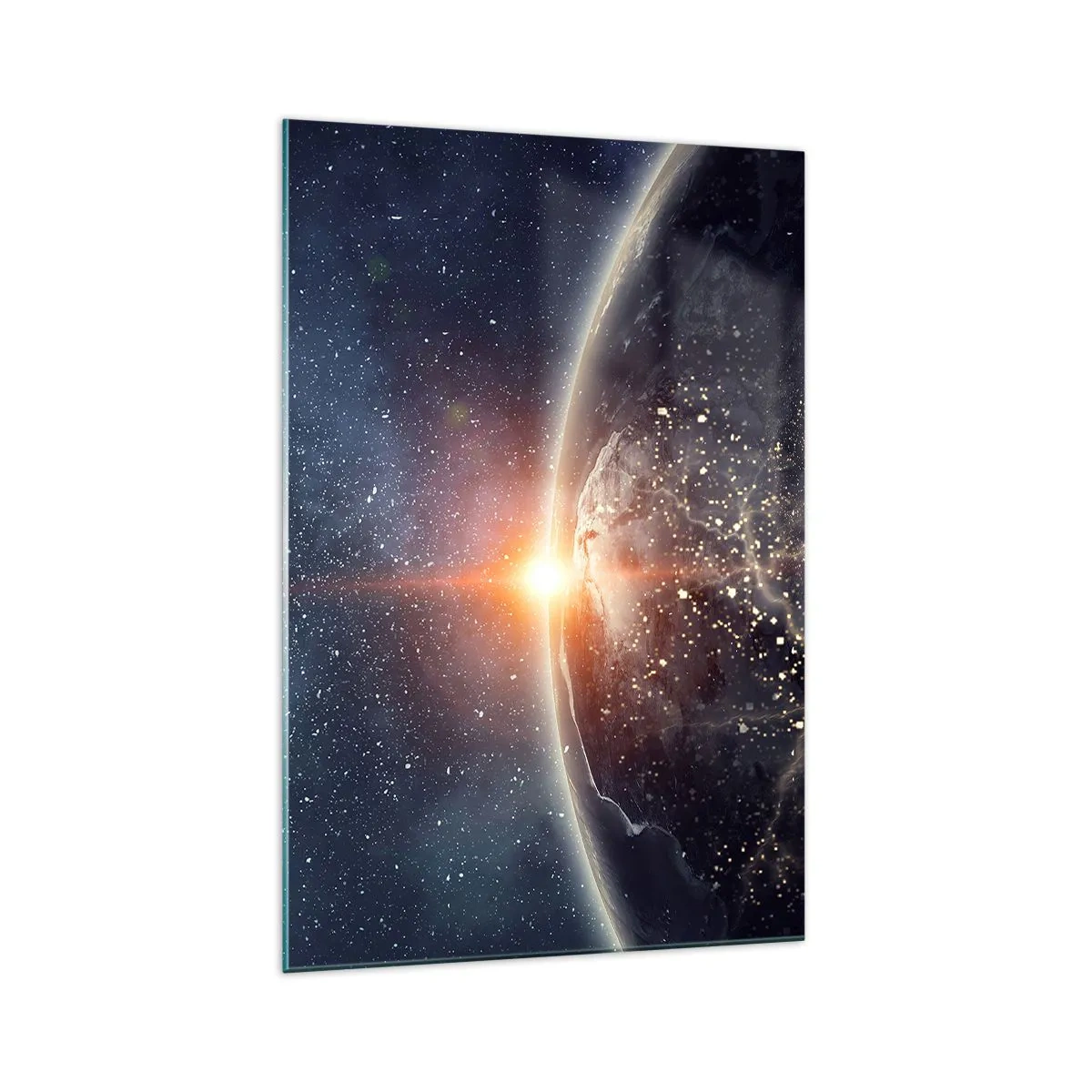 Cuadro sobre vidrio - Impresiones sobre Vidrio - La Tierra vista desde el espacio con el sol naciente - 70x100cm - En una nueva perspectiva - Decoración de pared moderna para salón y dormitorio ARTTOR