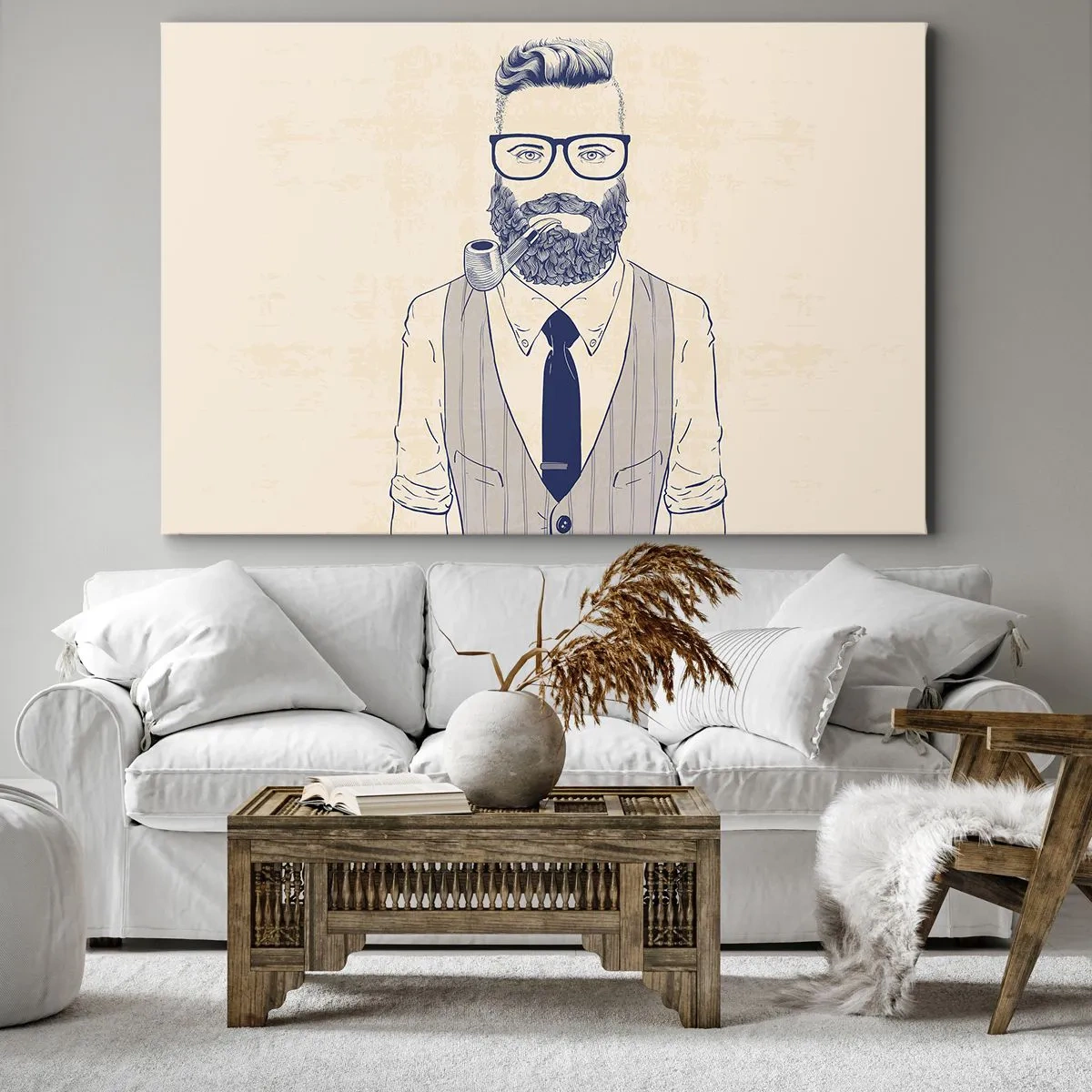 Cuadro sobre lienzo - Impresión de Imagen - Hombre estilizado con barba, pipa y gafas. - 120x80cm - Alegre, masculino y a la moda - Decoración de pared moderna para salón y dormitorio ARTTOR