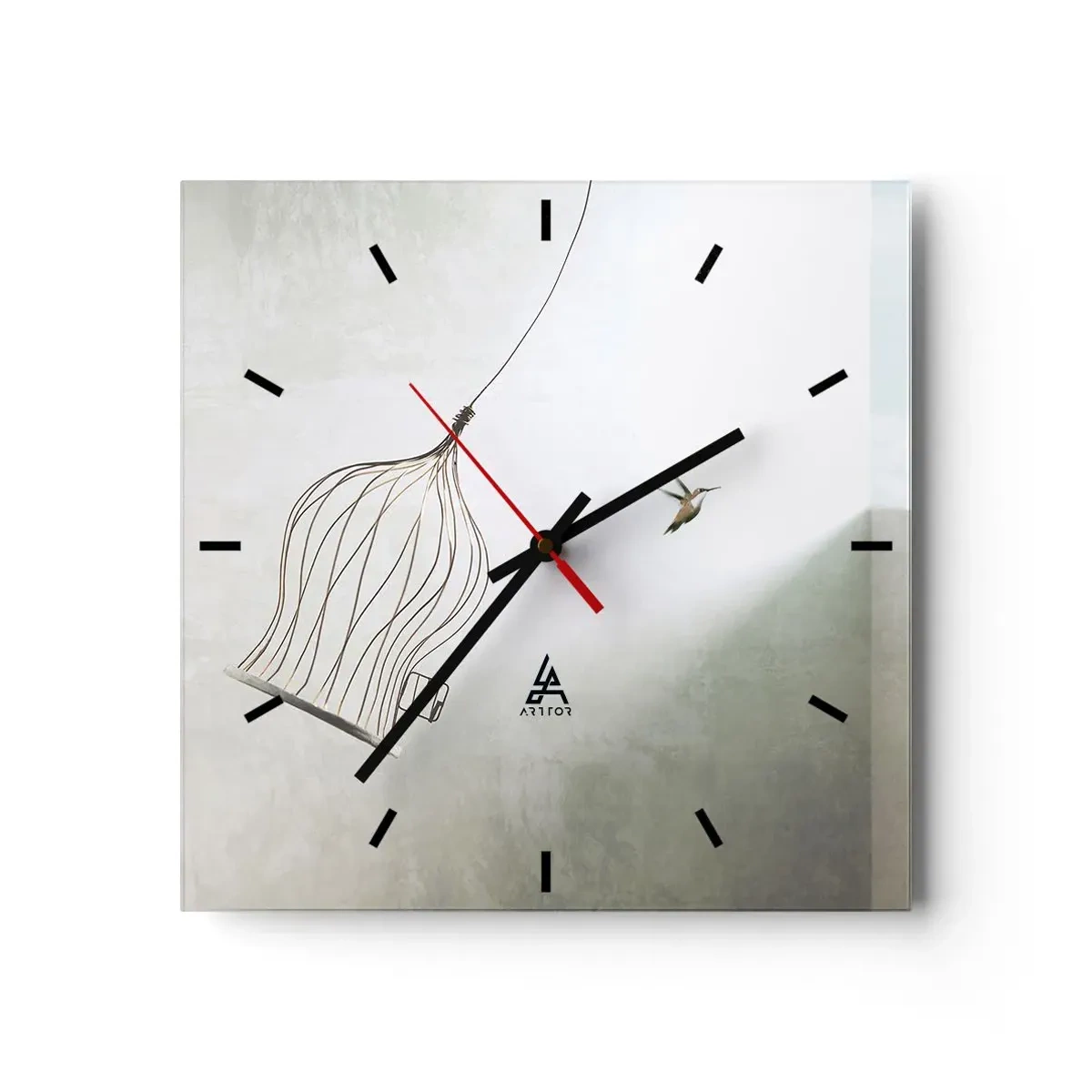 Reloj de pared - Reloj de vidrio - Un pájaro liberado de una jaula con el cielo brillante como telón de fondo. - 30x30cm - Aquí debo estar - Decoración de pared moderna para salón y dormitorio ARTTOR