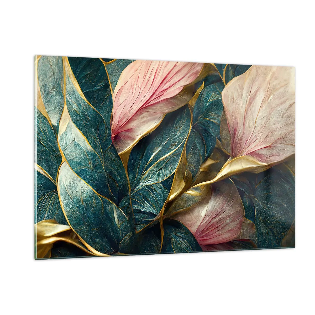 Cuadro sobre vidrio - Impresiones sobre Vidrio - Hojas verdes y rosas con acentos dorados. - 120x80cm - Elegancia y estilo naturales - Decoración de pared moderna para salón y dormitorio ARTTOR