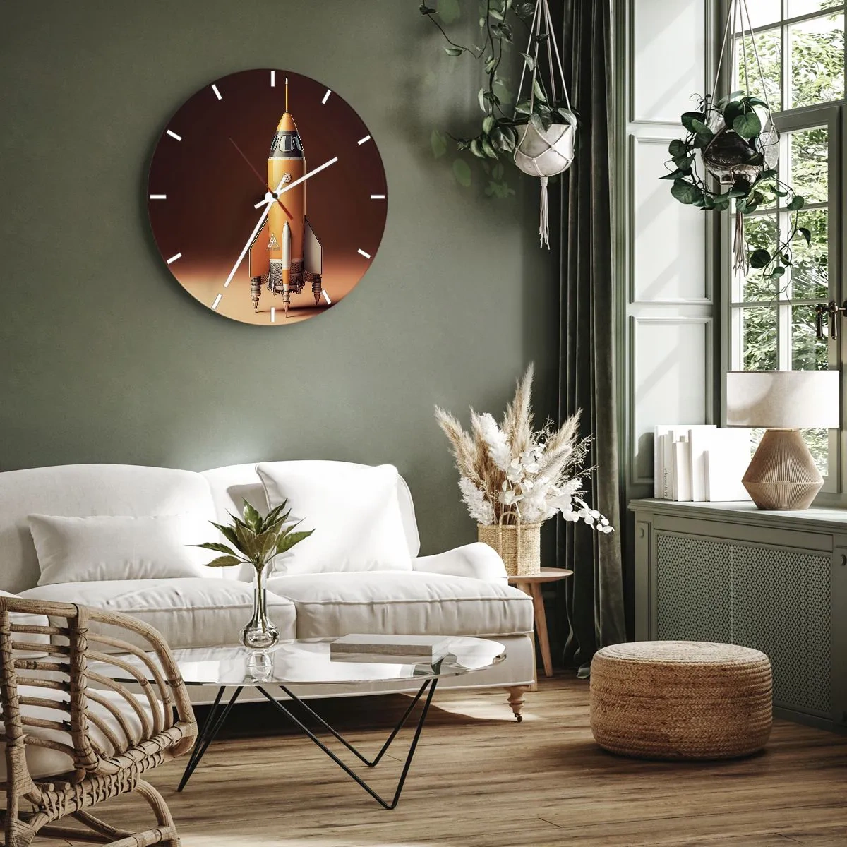 Reloj de pared - Reloj de vidrio - Un cohete naranja listo para ser lanzado contra un fondo oscuro. - 30x30cm - Comienza con un sueño - Decoración de pared moderna para salón, cocina y dormitorio ARTTOR