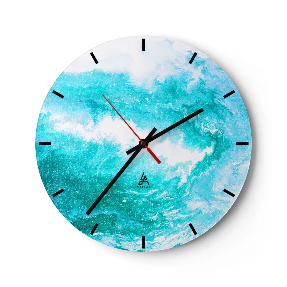 Reloj de pared - Reloj de vidrio - Onda abstracta en tonos azules y turquesas - 30x30cm - En el núcleo del elemento - Decoración de pared moderna para salón, cocina y dormitorio ARTTOR