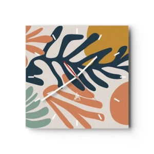 Reloj de pared - Reloj de vidrio - Hojas coloridas en estilo abstracto. - 30x30cm - Mares de coral - Decoración de pared moderna para salón y dormitorio ARTTOR