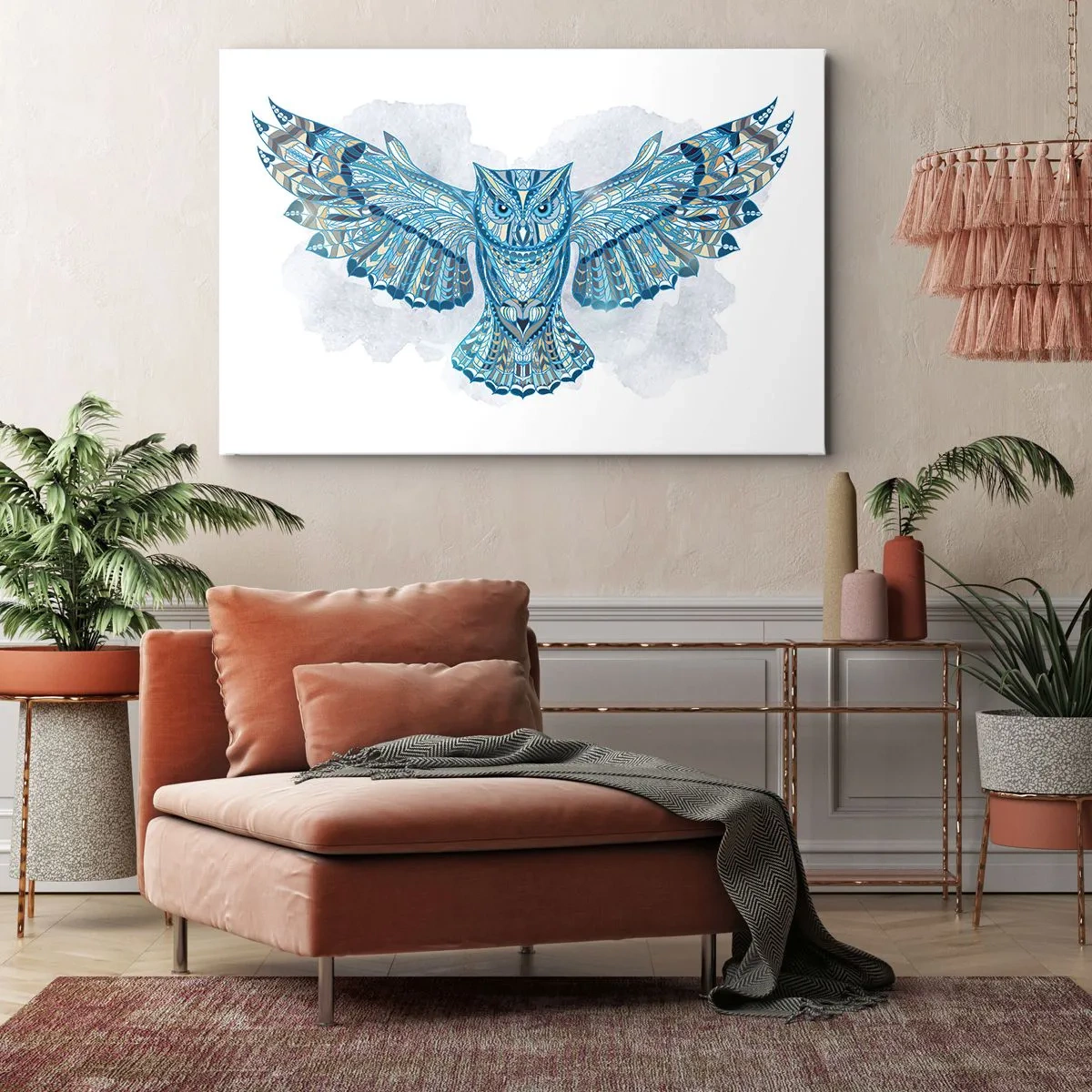 Cuadro sobre lienzo - Impresión de Imagen - Búho decorativo en tonos azules. - 70x50cm - De una arboleda sagrada celta - Decoración de pared moderna para salón y dormitorio ARTTOR