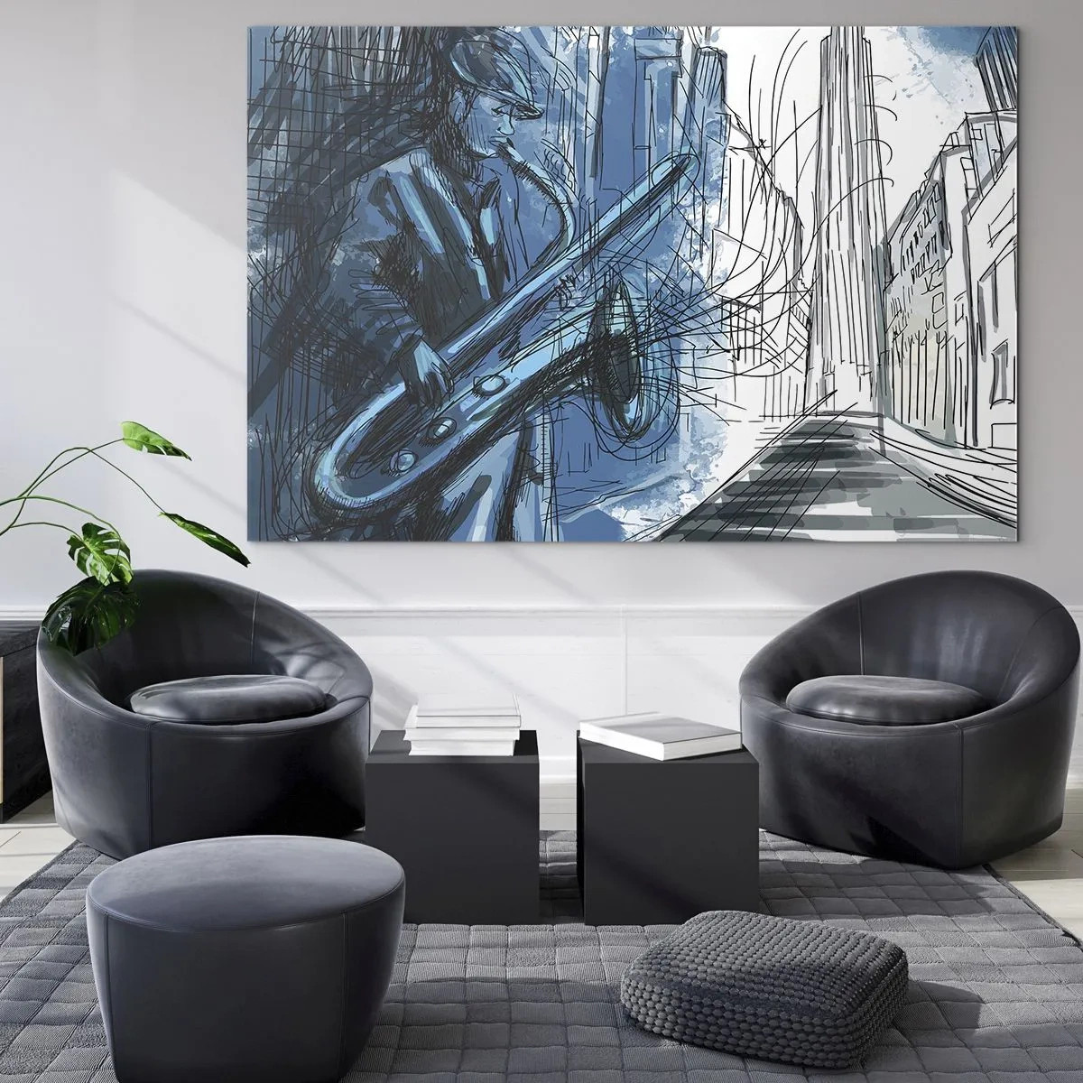 Cuadro sobre vidrio - Impresiones sobre Vidrio - Saxofonista de jazz en un entorno urbano de tonos azules - 100x70cm - Rapsodia urbana - Decoración de pared moderna para salón y dormitorio ARTTOR
