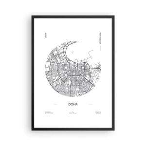 Póster en marco negro - Un mapa minimalista en blanco y negro de Doha - 50x70cm - Anatomía de Doha - Decoración de pared moderna para salón y dormitorio ARTTOR