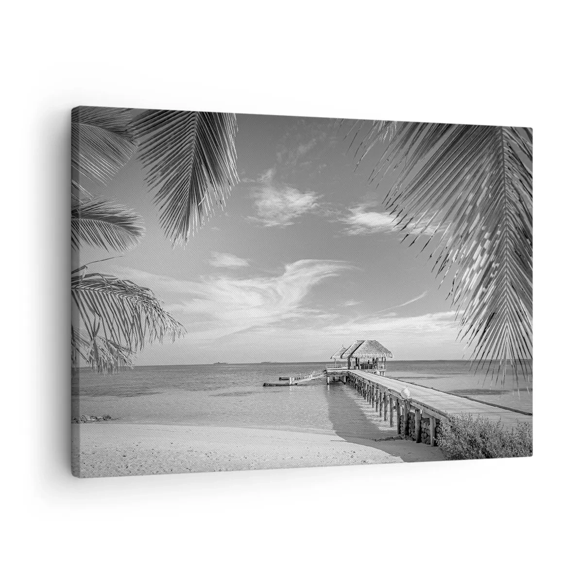 Cuadro sobre lienzo - Impresión de Imagen - Playa blanca y negra con muelle y palmeras en una costa tropical - 70x50cm - ¿Un recuerdo o un sueño? - Decoración de pared moderna para salón y dormitorio ARTTOR
