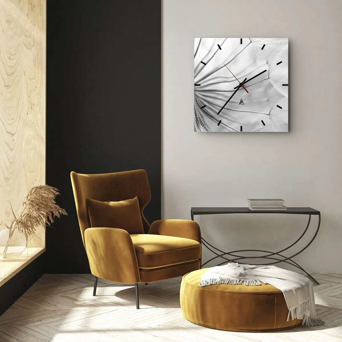 Reloj de pared - Reloj de vidrio - Delicados dientes de león en tonos blanco y negro. - 30x30cm - Caricias del viento - Decoración de pared moderna para salón y dormitorio ARTTOR