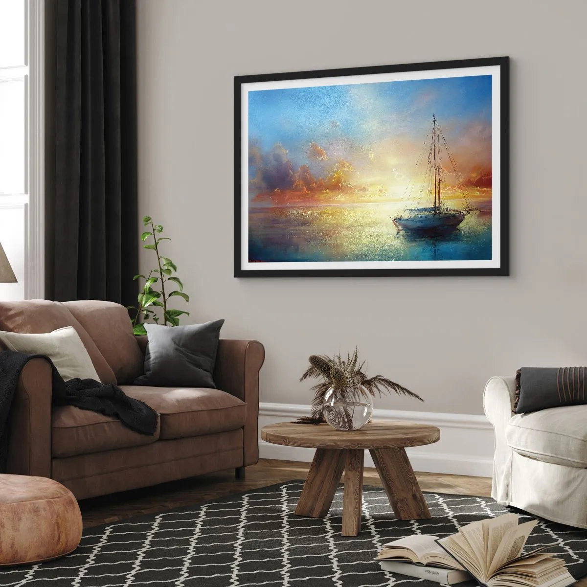 Póster en marco negro - Un yate en un mar tranquilo al atardecer. - 100x70cm - En una bahía dorada - Decoración de pared moderna para salón y dormitorio ARTTOR