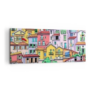 Cuadro sobre lienzo - Impresión de Imagen - Casas de vecindad coloridas en un estilo animado y alegre - 120x50cm - Ciudad alegre - Decoración de pared moderna para salón y dormitorio ARTTOR