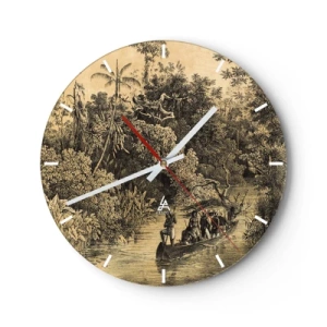 Reloj de pared - Reloj de vidrio - Ilustración retro de una expedición a la selva tropical - 30x30cm - Expedición a la fuente - Decoración de pared moderna para salón, cocina y dormitorio ARTTOR