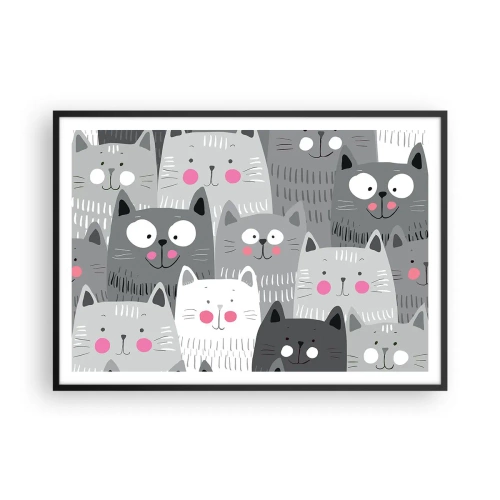 Póster en marco negro - Un patrón divertido con gatos en tonos grises. - 100x70cm - El mundo de los gatos - Decoración de pared moderna para salón y dormitorio ARTTOR