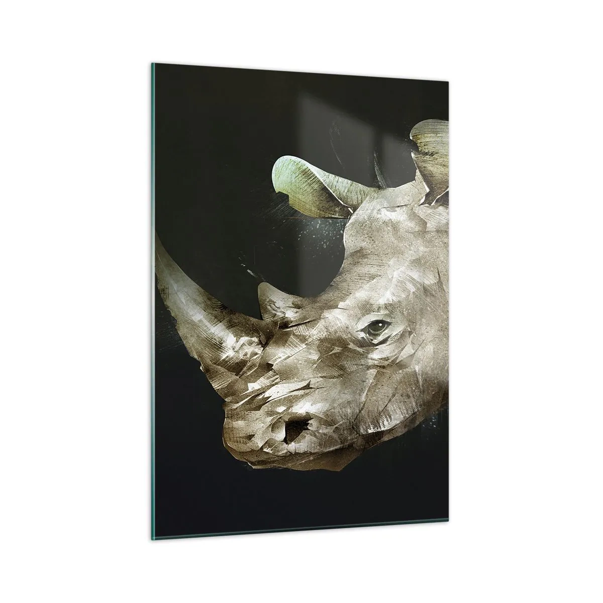 Cuadro sobre vidrio - Impresiones sobre Vidrio - Representación artística de una cabeza de rinoceronte sobre un fondo oscuro. - 50x70cm - La verdadera fuerza - Decoración de pared moderna para salón y dormitorio ARTTOR