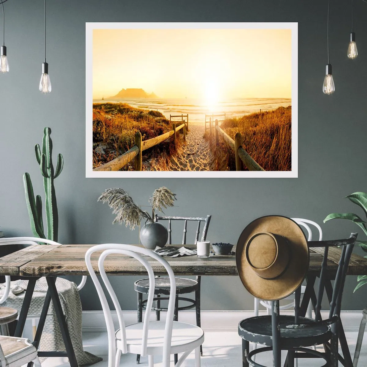 Póster - Camino a la playa durante un atardecer dorado - 100x70cm - A través de la duna, hacia el sol - Decoración de pared moderna para salón y dormitorio ARTTOR