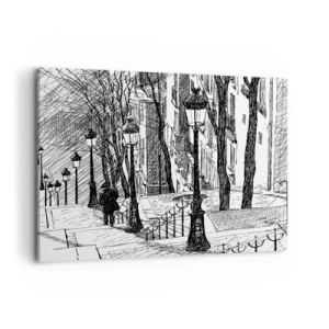 Cuadro sobre lienzo - Impresión de Imagen - Una calle con farolas y una silueta humana en técnica de boceto. - 120x80cm - ¿Una historia de amor o de terror? - Decoración de pared moderna para salón y dormitorio ARTTOR