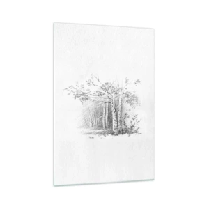 Cuadro sobre vidrio - Impresiones sobre Vidrio - Un dibujo de un bosque de abedules en un sutil boceto a lápiz. - 70x100cm - La luz de un bosque de abedules - Decoración de pared moderna para salón y dormitorio ARTTOR