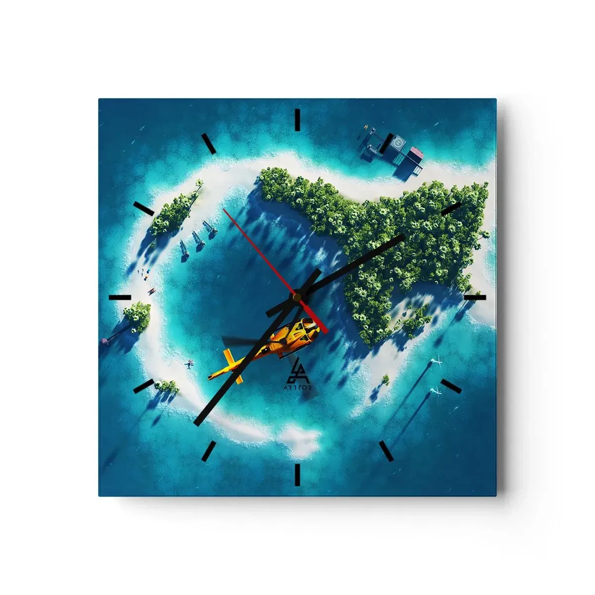Reloj de pared - Reloj de vidrio - Una isla tropical rodeada de agua turquesa con un helicóptero a la vista. - 30x30cm - Cómprate una isla - Decoración de pared moderna para salón y dormitorio ARTTOR