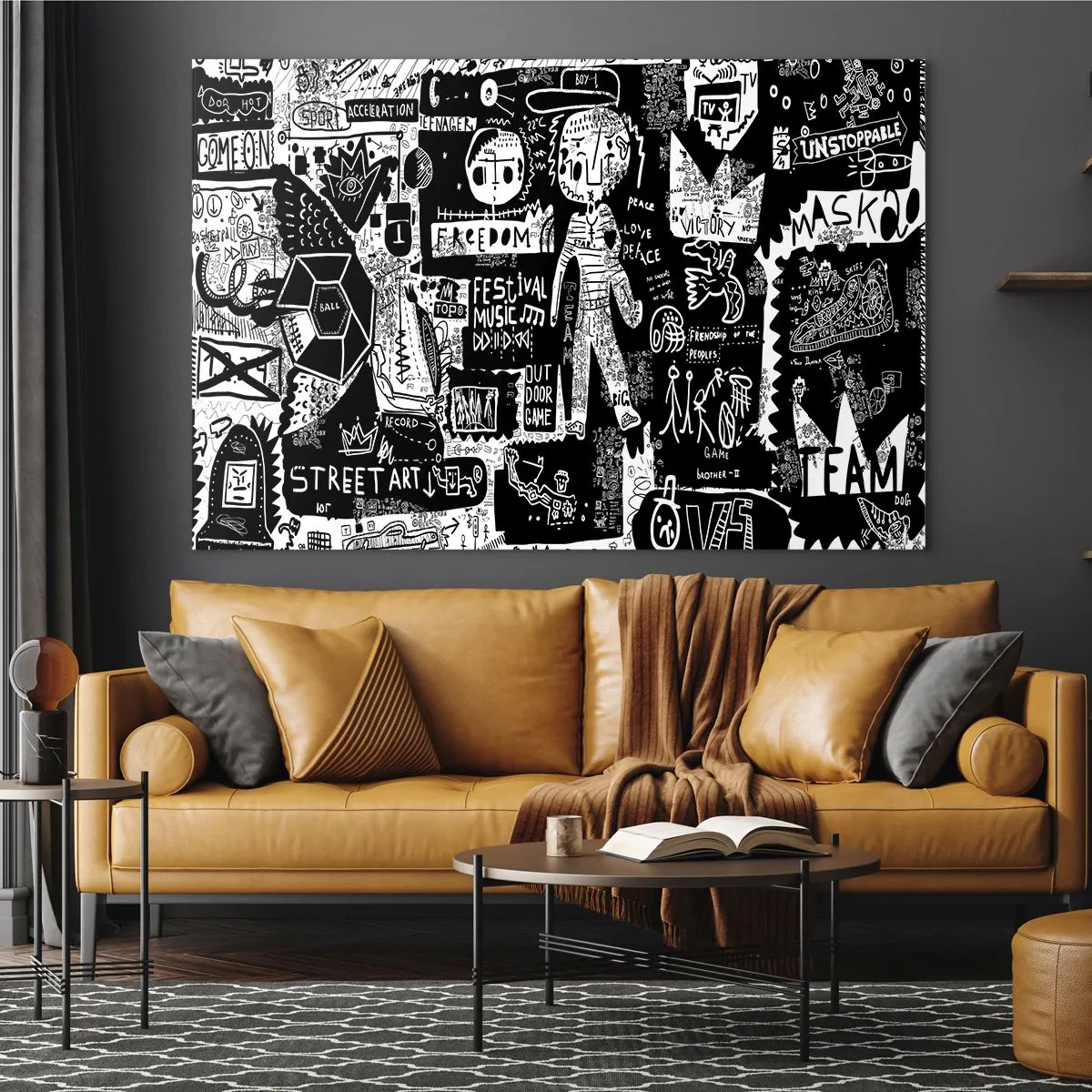 Cuadro sobre vidrio - Impresiones sobre Vidrio - Gráficos de estilo arte callejero en blanco y negro con personajes y símbolos. - 120x80cm - La juventud espiritual de la ley y la alegría - Decoración de pared moderna para salón y dormitorio ARTTOR