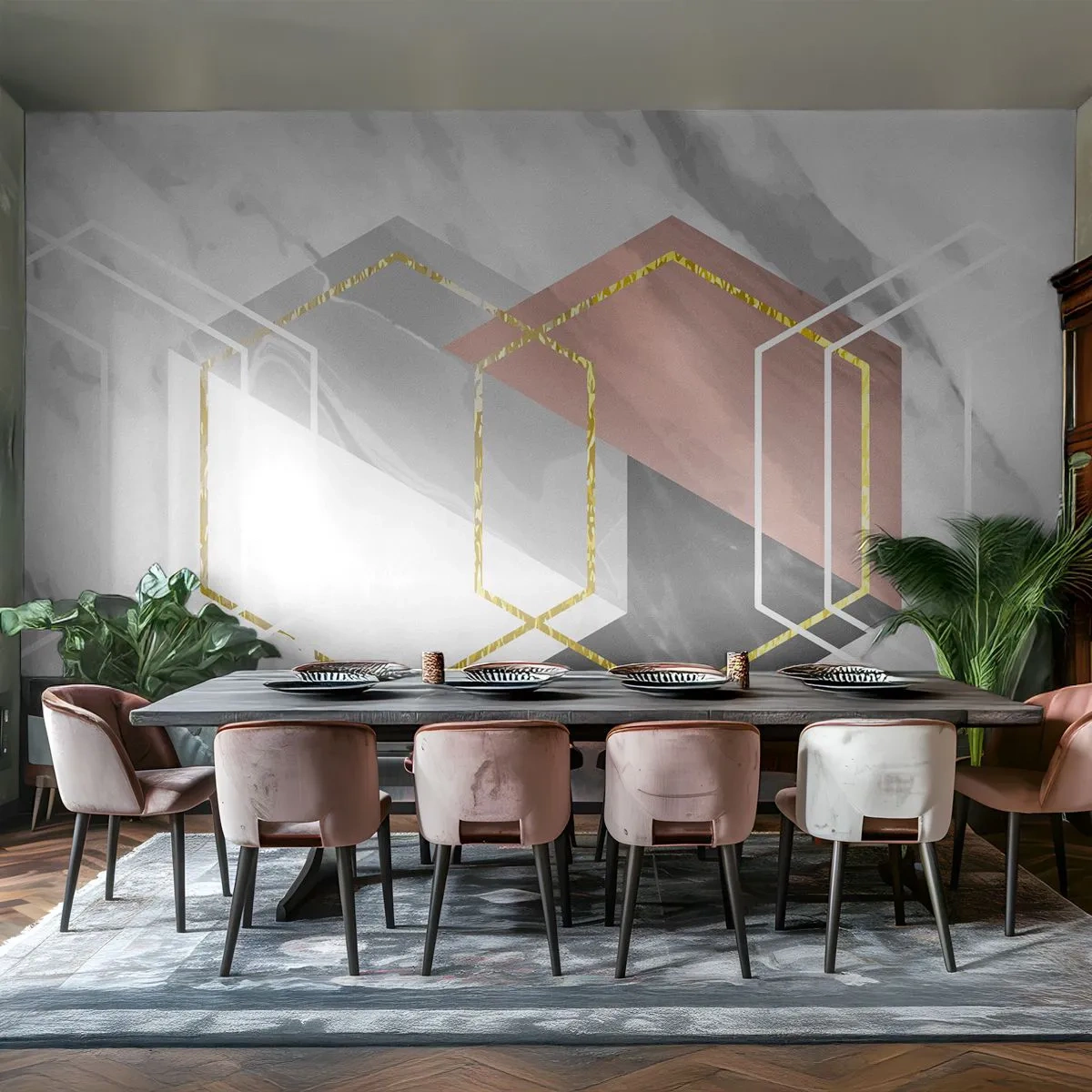 Fotomural Standard Eco - Formas geométricas sobre un fondo de mármol - 100x70cm - Composición en cadena - Decoración de pared moderna para salón y dormitorio ARTTOR