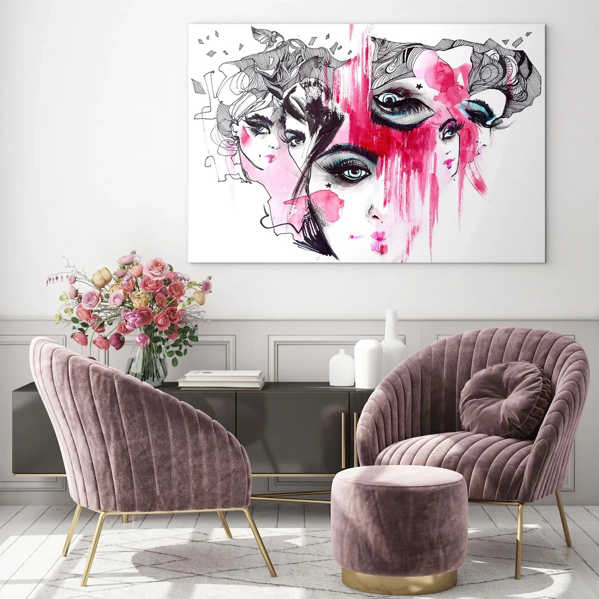 Cuadro sobre vidrio - Impresiones sobre Vidrio - Rostros femeninos abstractos con acentos rosas en un estilo de boceto. - 70x50cm - Ojos abstractos - Decoración de pared moderna para salón y dormitorio ARTTOR