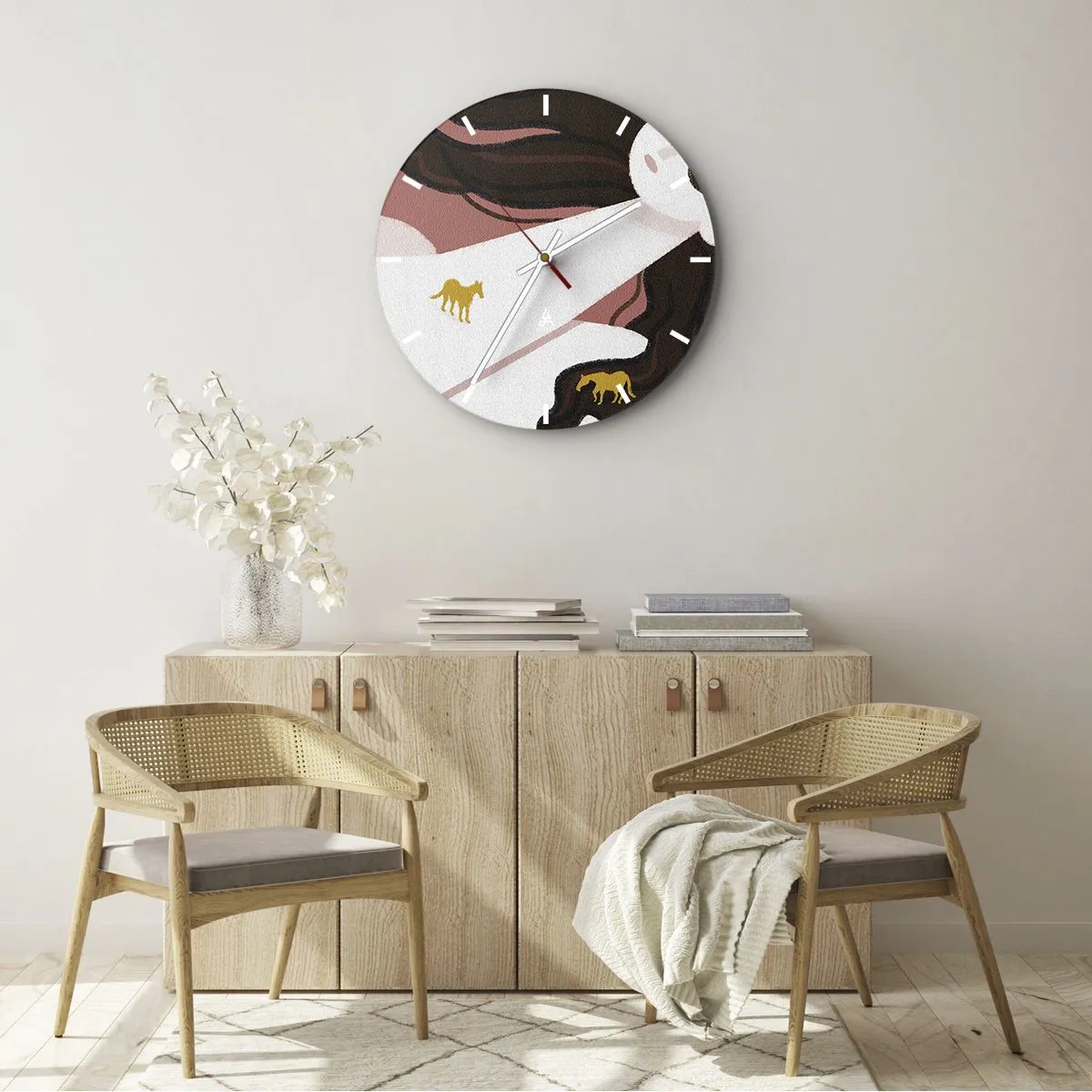 Reloj de pared - Reloj de vidrio - Mujer soñando con cabello largo y caballos dorados en estilo ilustrativo - 30x30cm - Sueño de caballos dorados - Decoración de pared moderna para salón, cocina y dormitorio ARTTOR