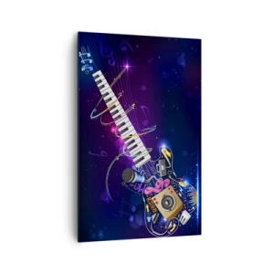 Cuadro sobre lienzo - Impresión de Imagen - Una guitarra colorida con un teclado y un micrófono sobre un fondo oscuro. - 80x120cm - El poder del ritmo - Decoración de pared moderna para salón y dormitorio ARTTOR