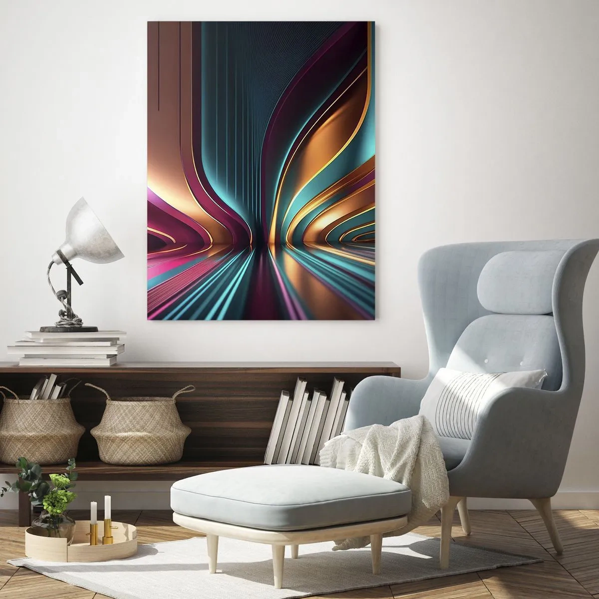 Cuadro sobre vidrio - Impresiones sobre Vidrio - Líneas de luz coloridas que crean formas futuristas. - 50x70cm - Arquitectura de la luz - Decoración de pared moderna para salón y dormitorio ARTTOR