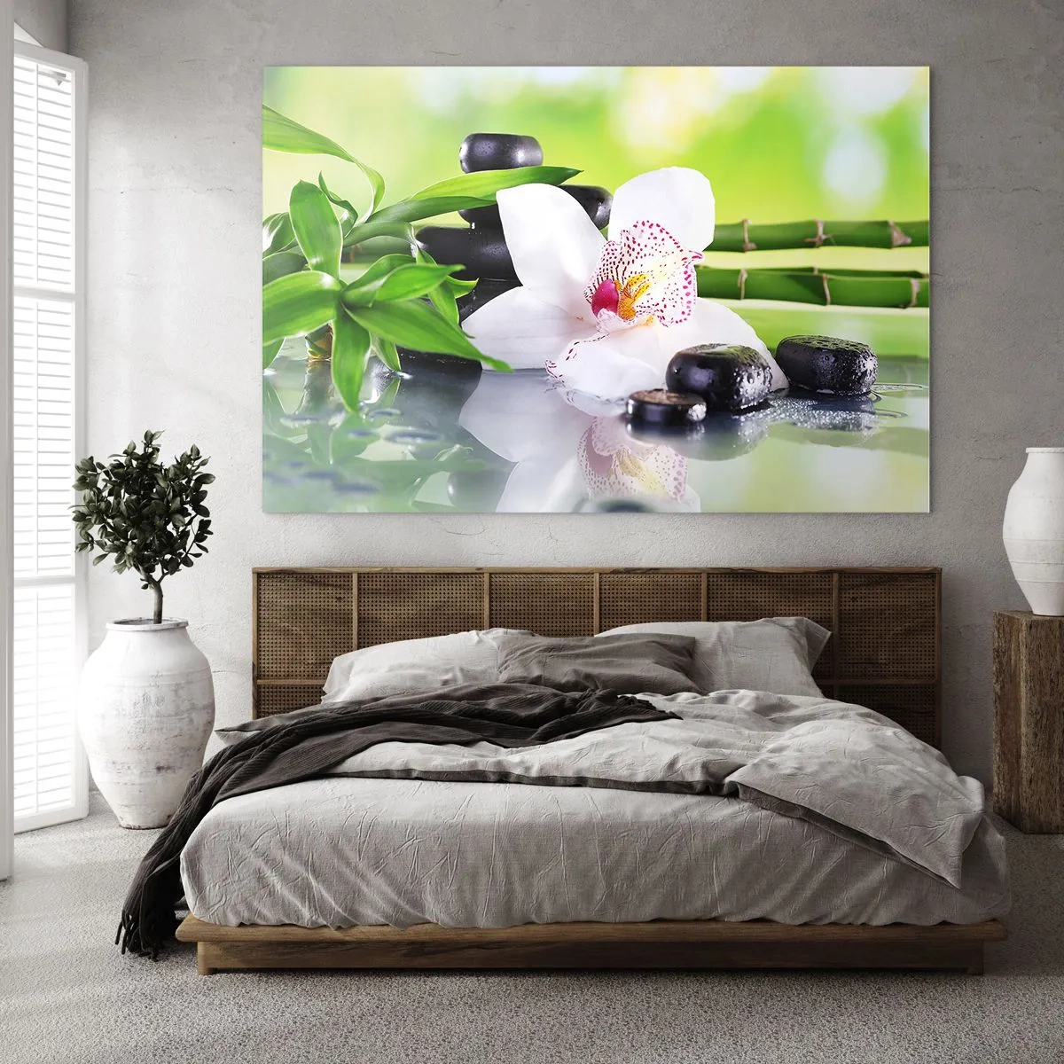 Cuadro sobre vidrio - Impresiones sobre Vidrio - Orquídea, bambú y piedras negras sobre un fondo verde. - 70x50cm - Frescura - Decoración de pared moderna para salón y dormitorio ARTTOR